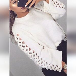 Zara White Wool Blend Knit Braided Wide Sleeves Pullover Sweater S